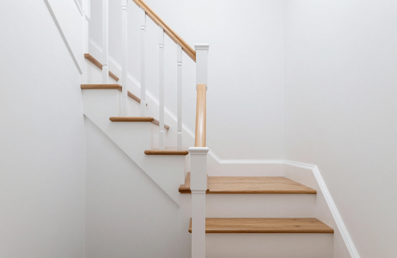 Townhouse stairwell after painting in Wood-Ridge NJ with fresh white walls and clean cut lines