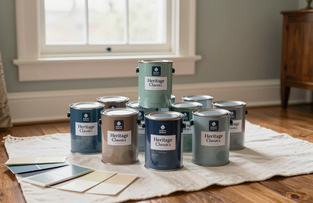 Benjamin Moore Heritage Classics paint cans with period color swatches in a historic Leonia home