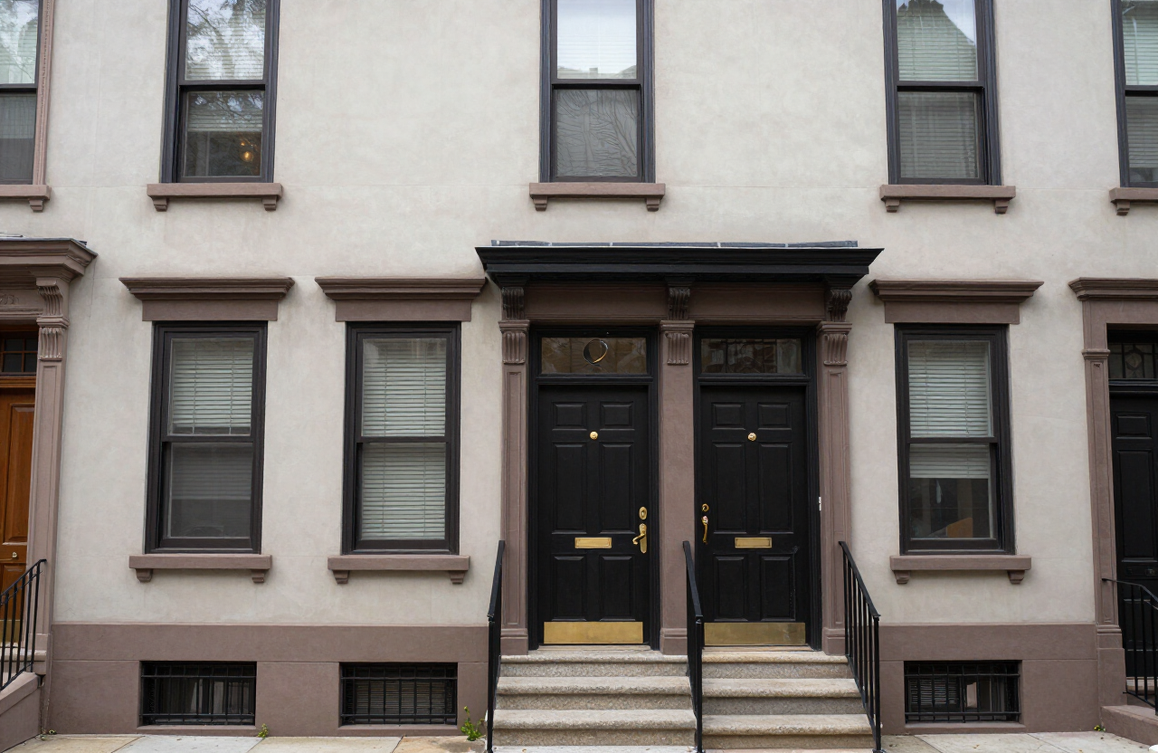 Secaucus townhome with neutral body color and contrasting dark accent trim