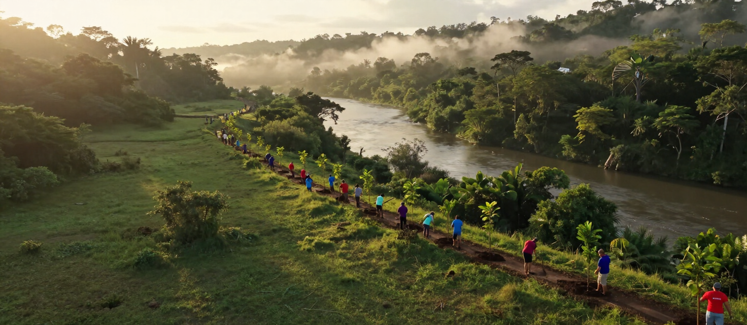 Community volunteers working in a natural landscape