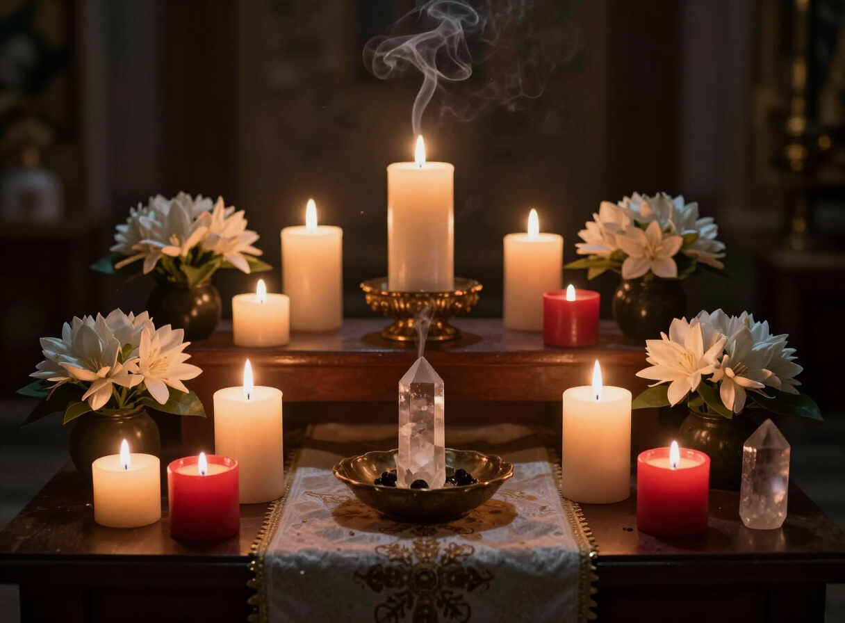 Altar espiritual com velas, flores brancas e cristais