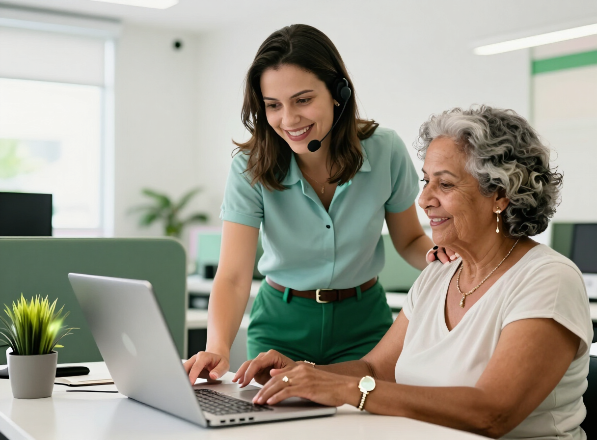 Especialista orientando uma cliente idosa com paciência no uso de um notebook