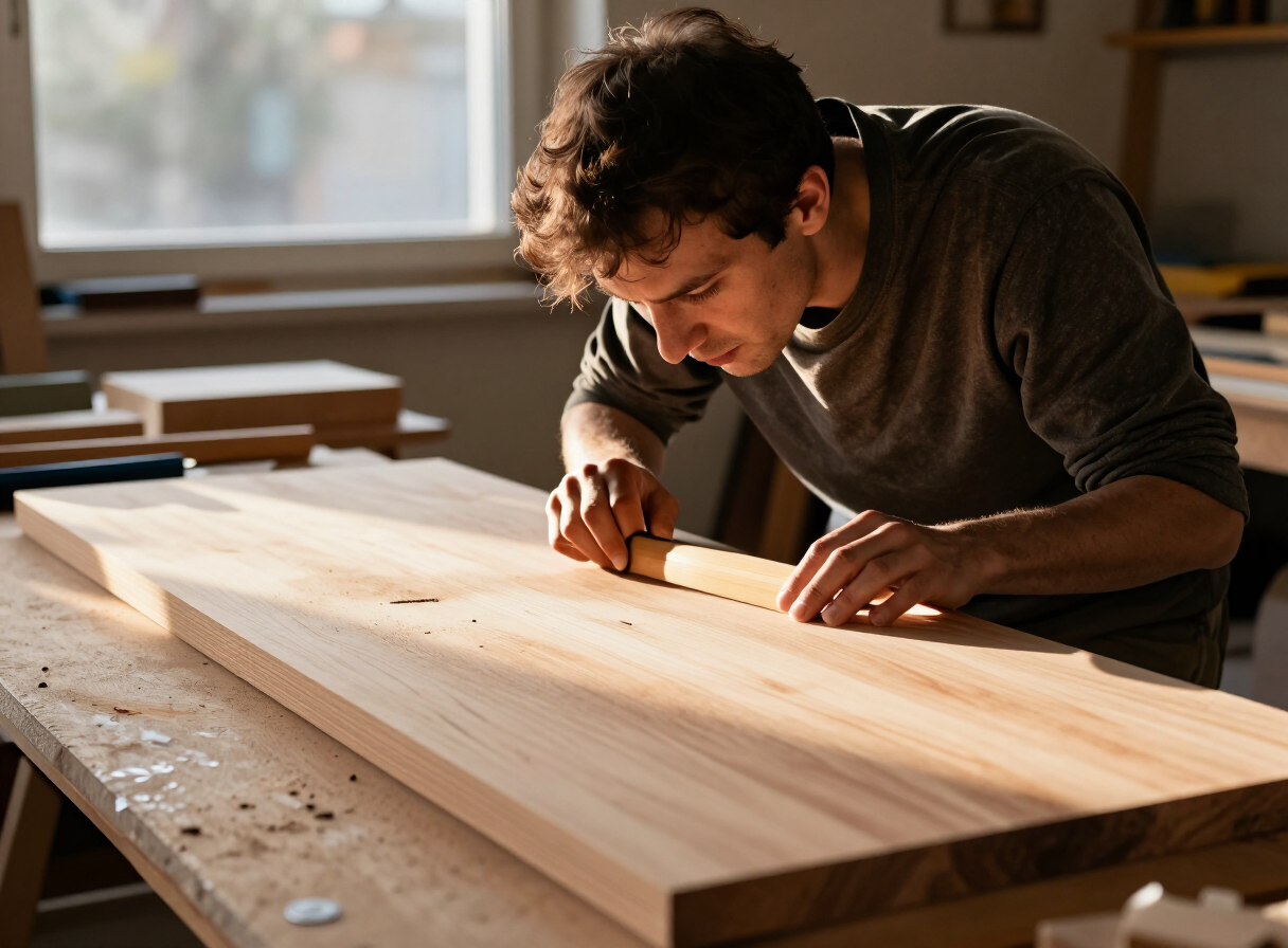 A woodworker tilting a freshly sanded wooden board to inspect the surface under raking light from a workshop window, scratches and grain visible