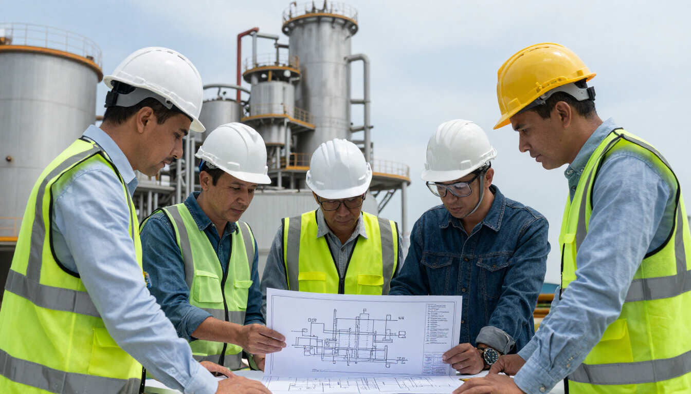 Equipe de engenharia revisando plantas de expansão em canteiro industrial