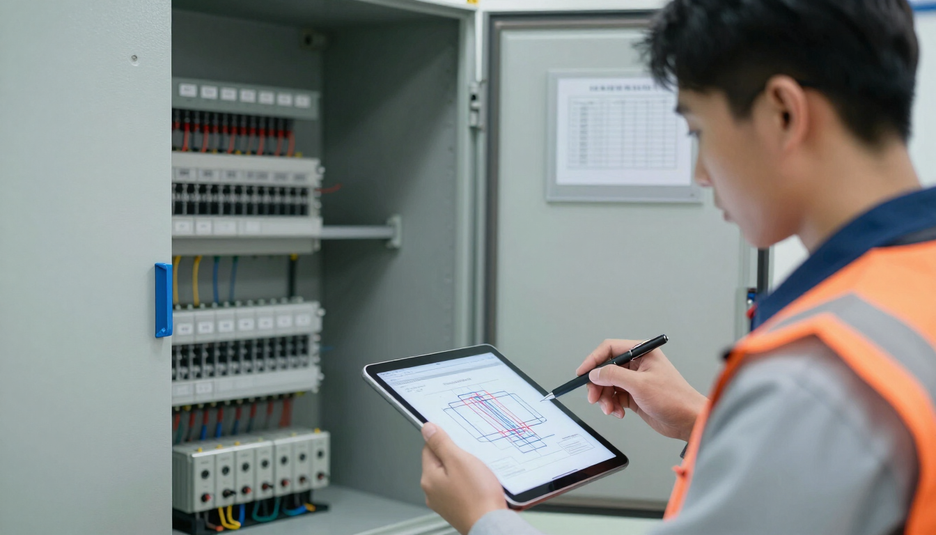 Engenheiro eletricista revisando diagrama unifilar em tablet junto a painel industrial