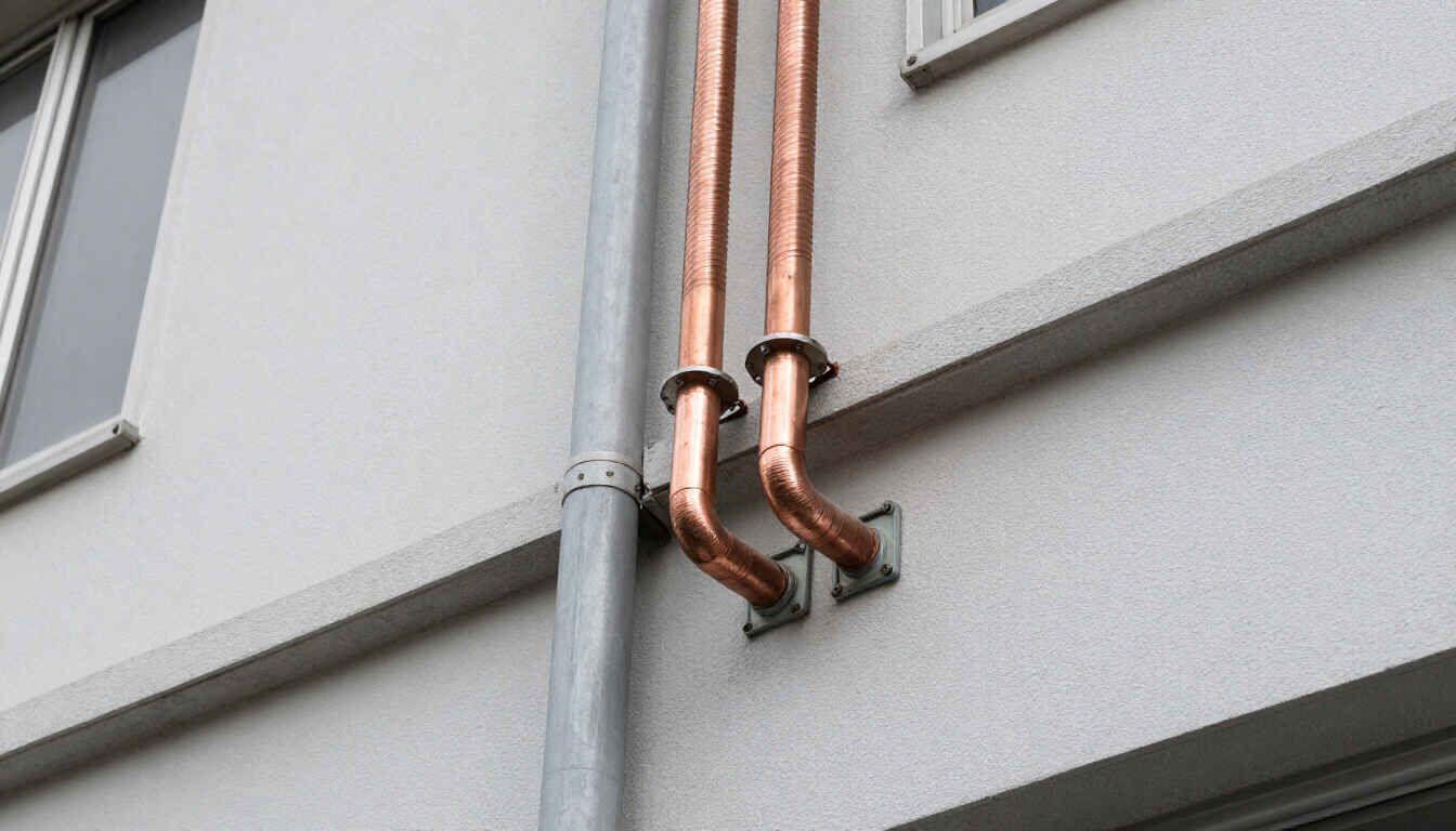 Condutor de descida de cobre na fachada de edifício industrial