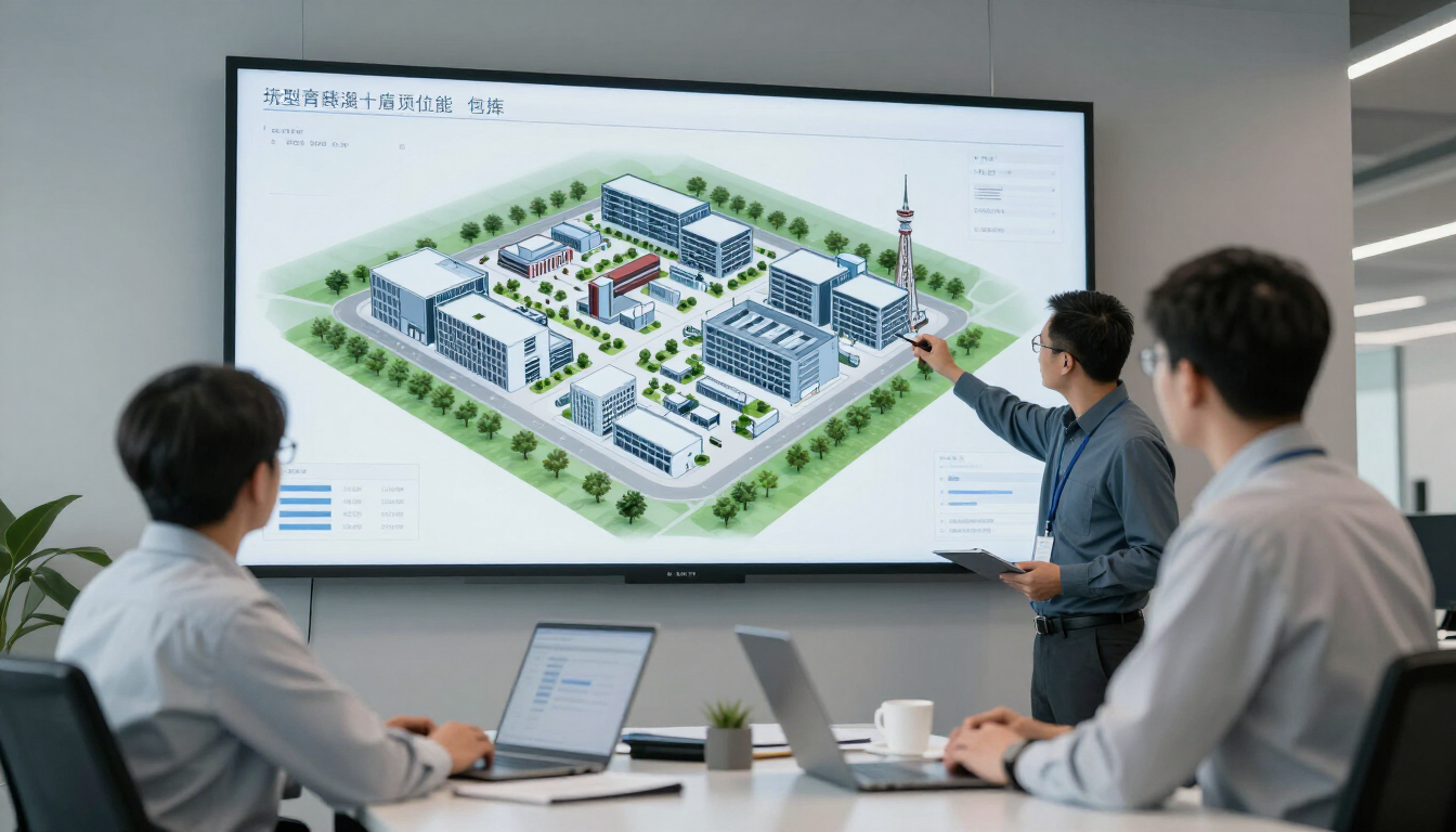 Engenheiros analisando modelo 3D de planta industrial em tela