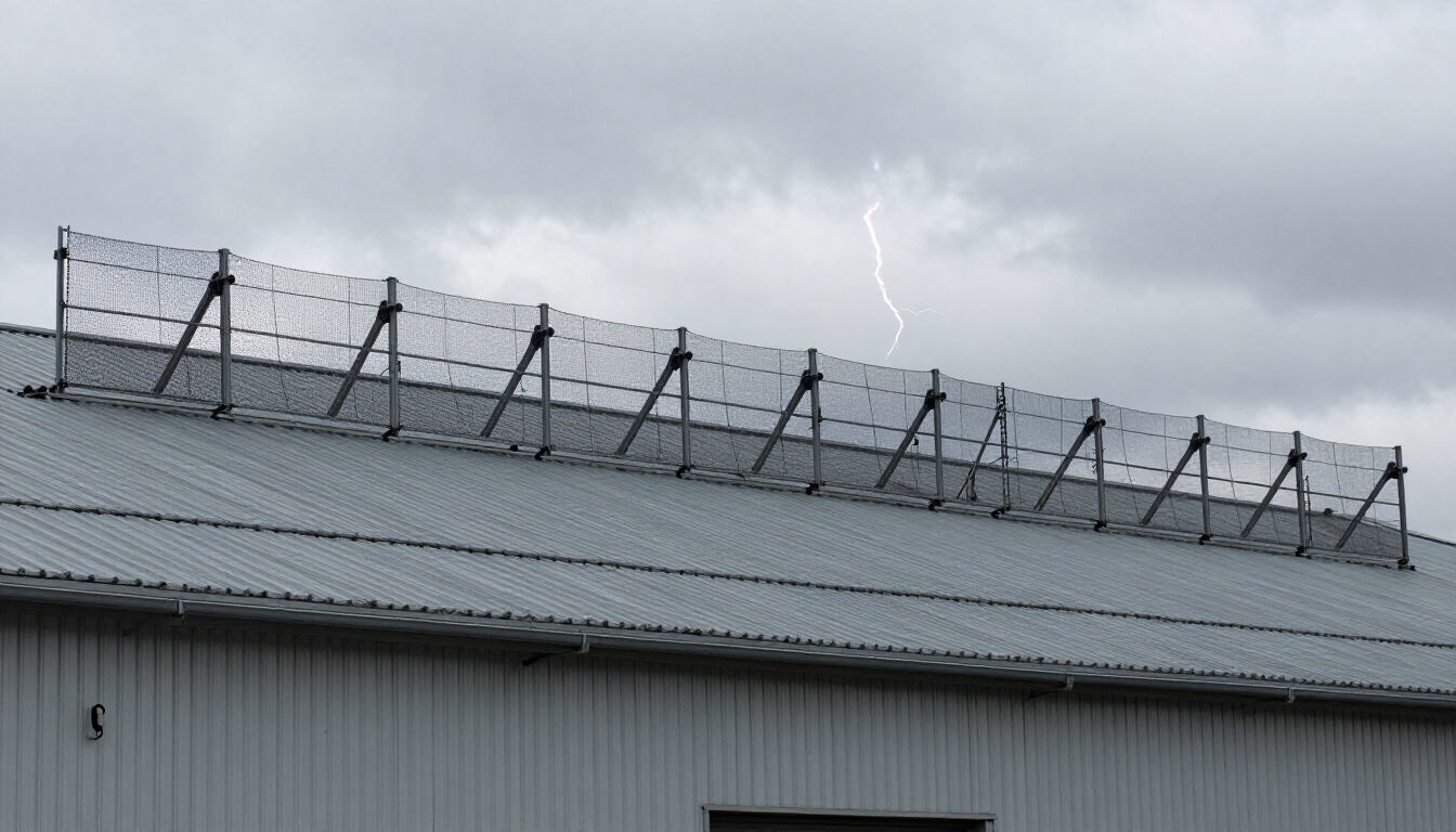 Malha de gaiola de Faraday instalada no telhado de galpão industrial