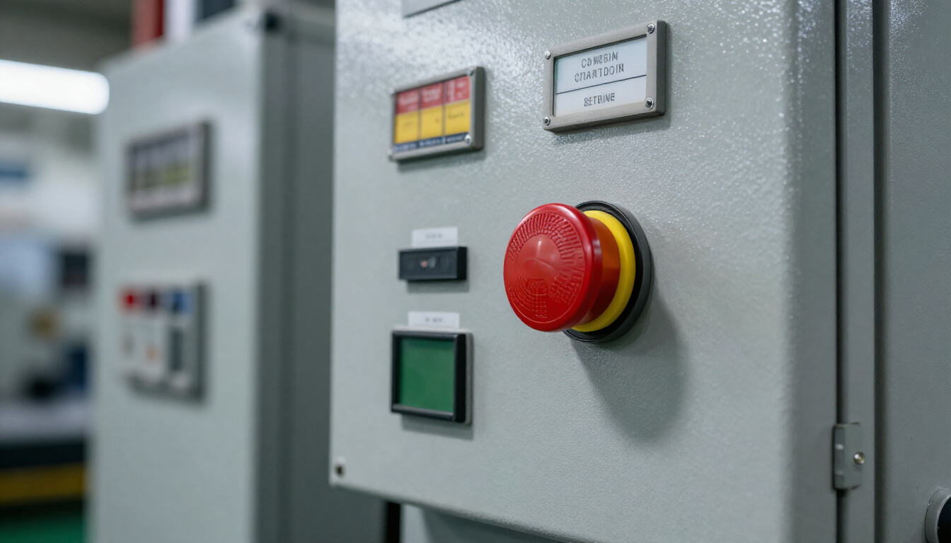 Botão de parada de emergência em painel de comando de máquina industrial