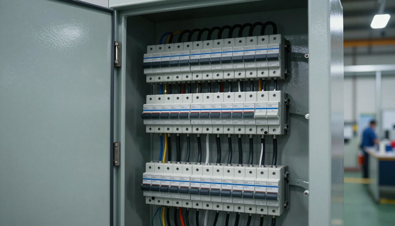Painel de distribuição elétrico industrial com disjuntores e cabeamento organizado em fábrica