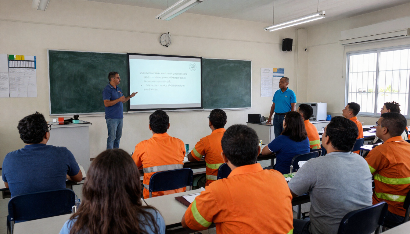Treinamento de segurança com trabalhadores em sala de aula industrial