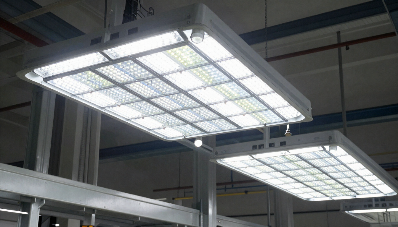 Luminárias LED industriais iluminando linha de produção em galpão