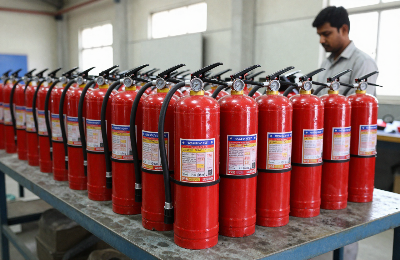 Fire extinguishers being refilled and pressure-tested in the NBR workshop