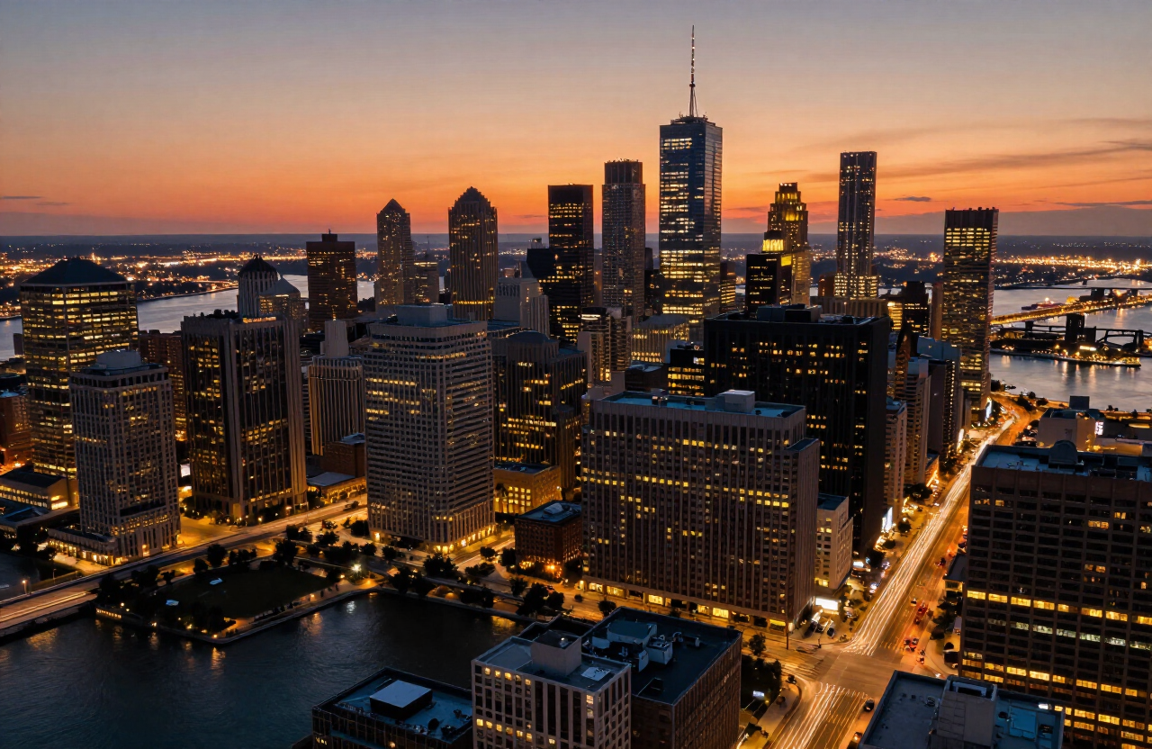 Aerial dusk view of a downtown city skyline with lit skyscrapers and a river reflecting sunset light