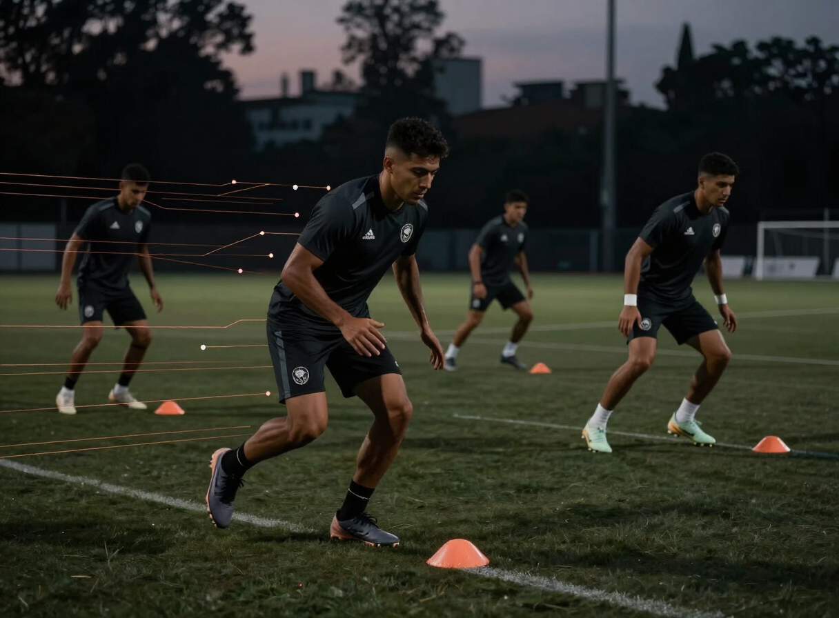 Futbolistas entrenando con visualización de trayectorias y análisis de movimiento
