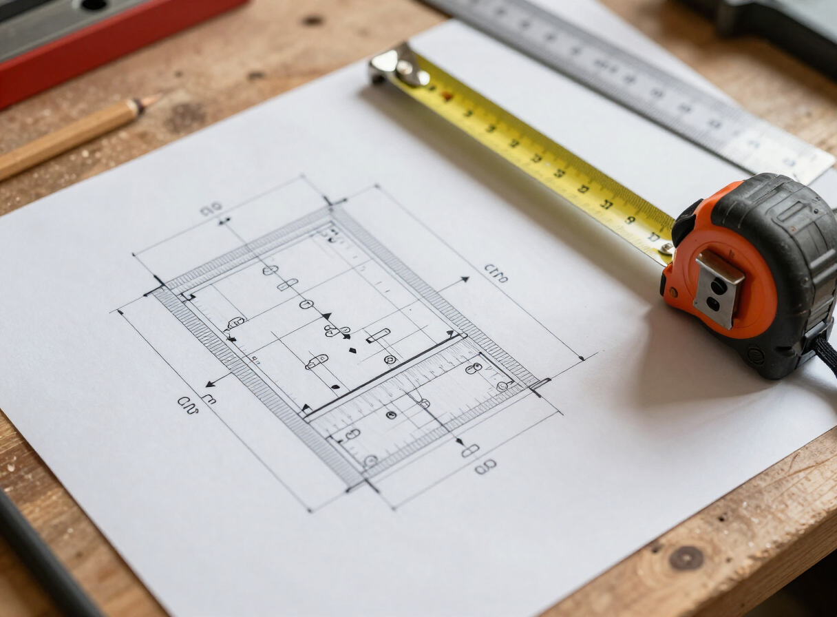 Close-up overhead view of a detailed woodworking blueprint on paper showing dimension lines, arrows, and measurements, with a tape measure and combination square resting on top, on a wooden workbench in warm workshop light