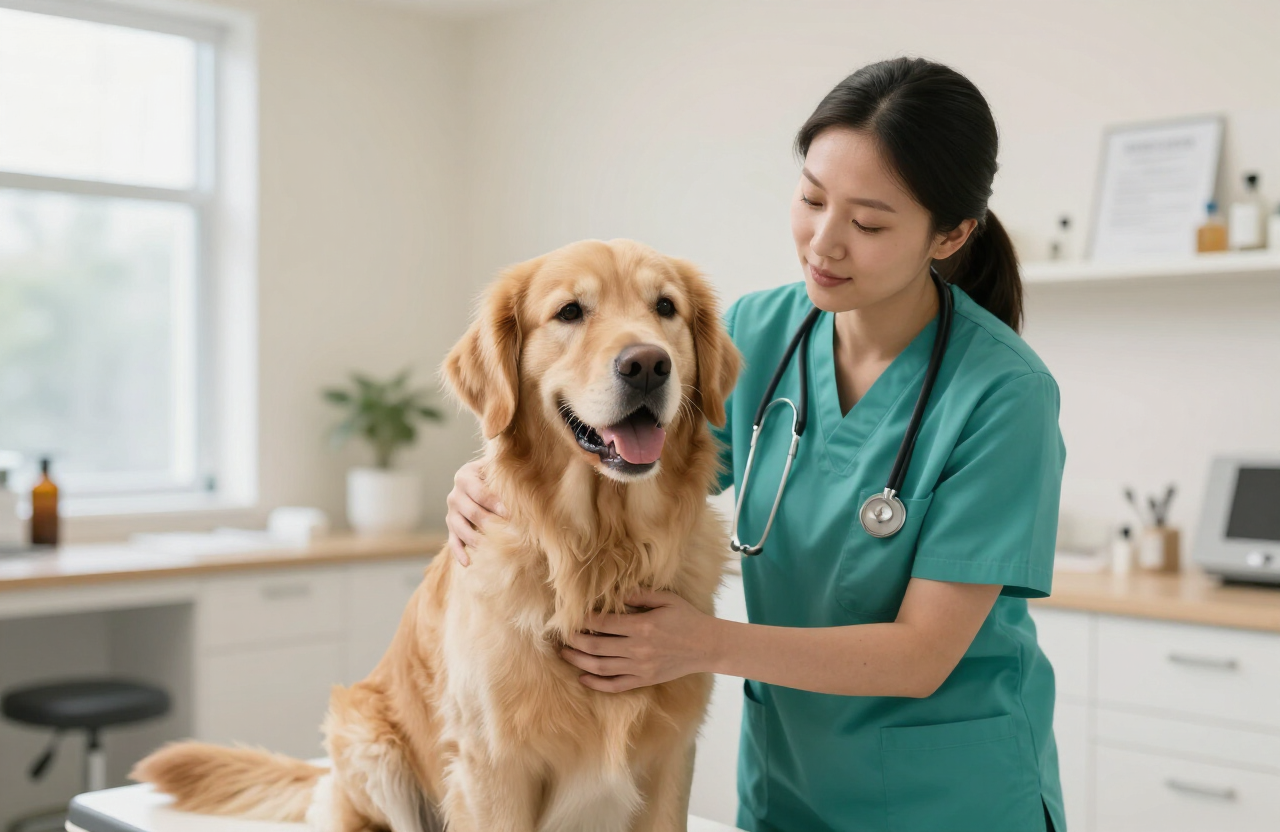 Veterinarian holding a happy golden retriever in a bright clinic
