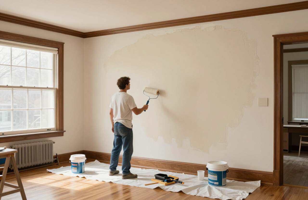 Illustrative interior painting scene in a Hackensack NJ older home with plaster walls and a painter rolling fresh warm neutral paint
