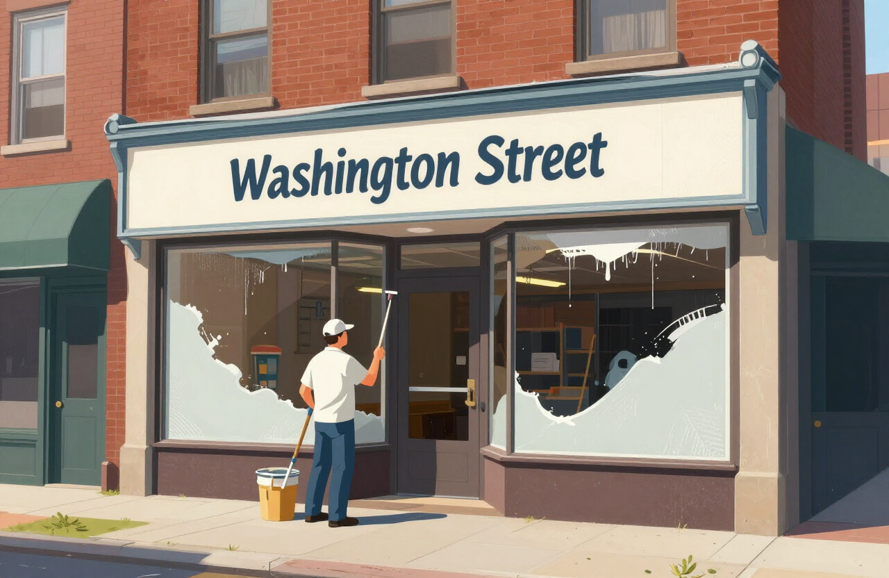 Illustrative commercial painter refreshing a Washington Street style storefront in Hoboken NJ