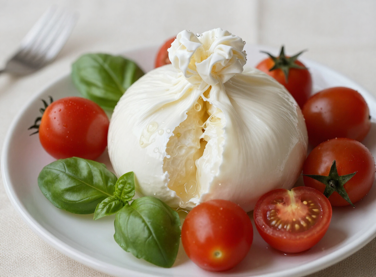 Burrata-Platte mit Kirschtomaten und Basilikum, angerichtet auf Leinen