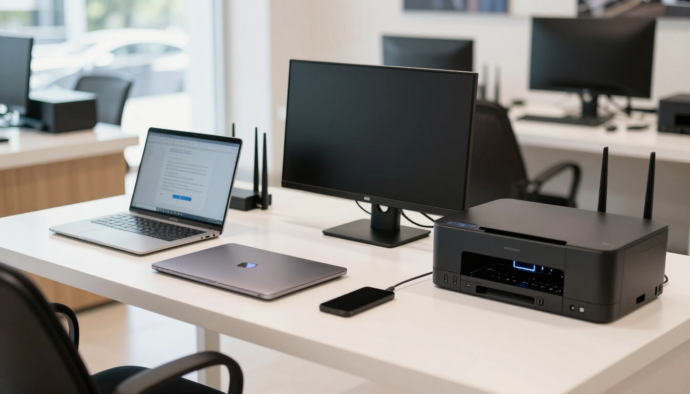 Notebooks, computador, impressora e roteador expostos sobre mesa clara