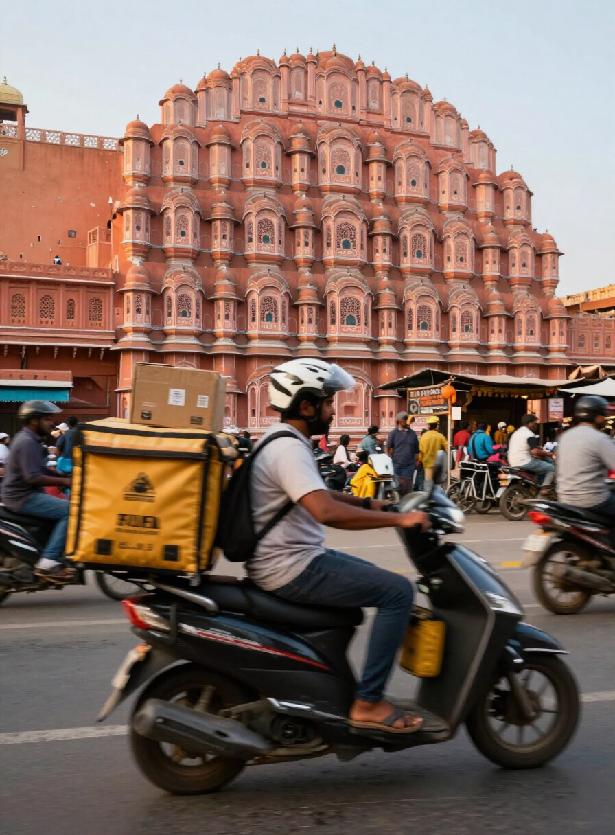A delivery rider carrying parcels through a market street in Jaipur