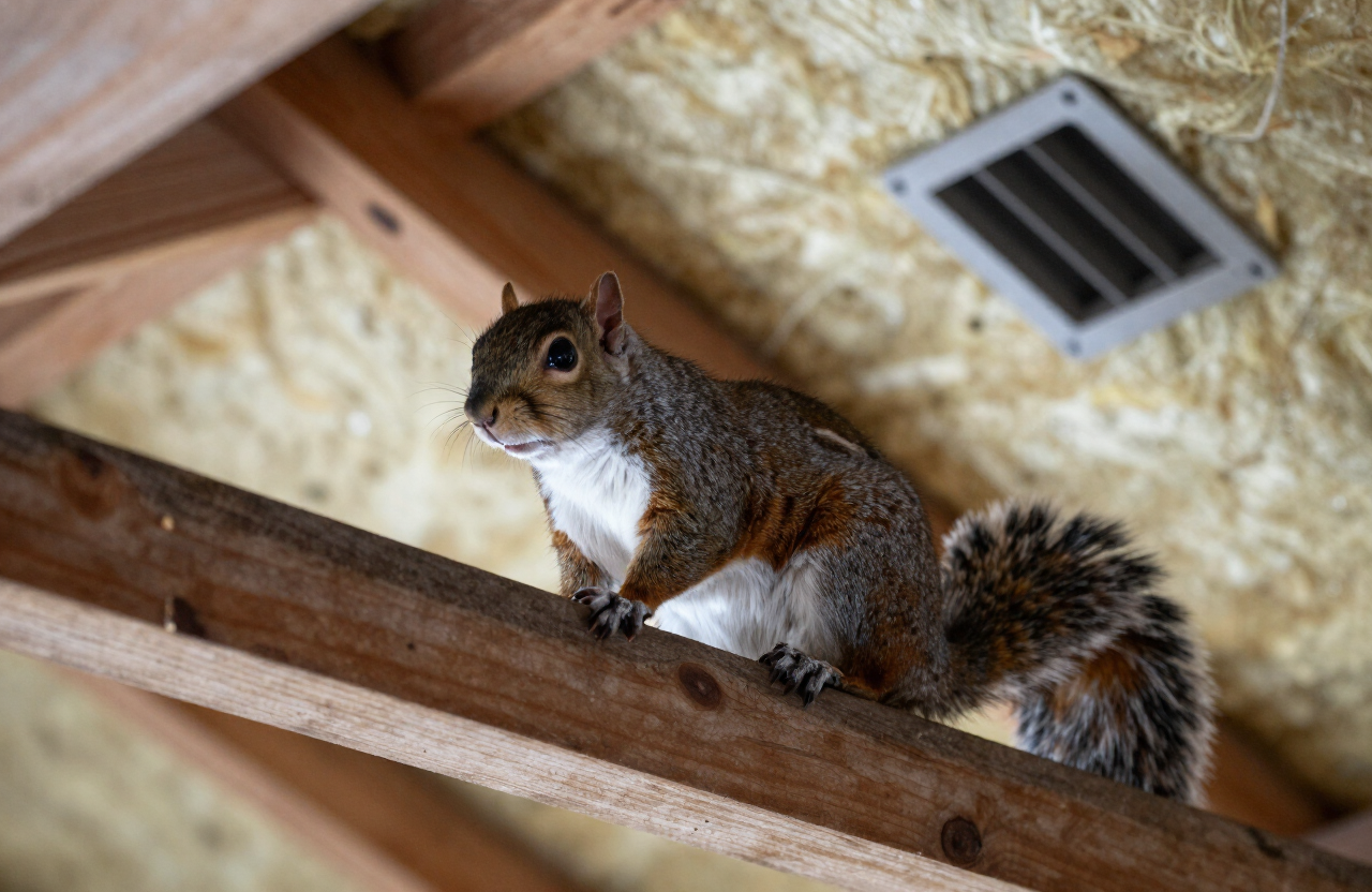 Squirrel activity inside a residential attic near insulation and wooden roof framing