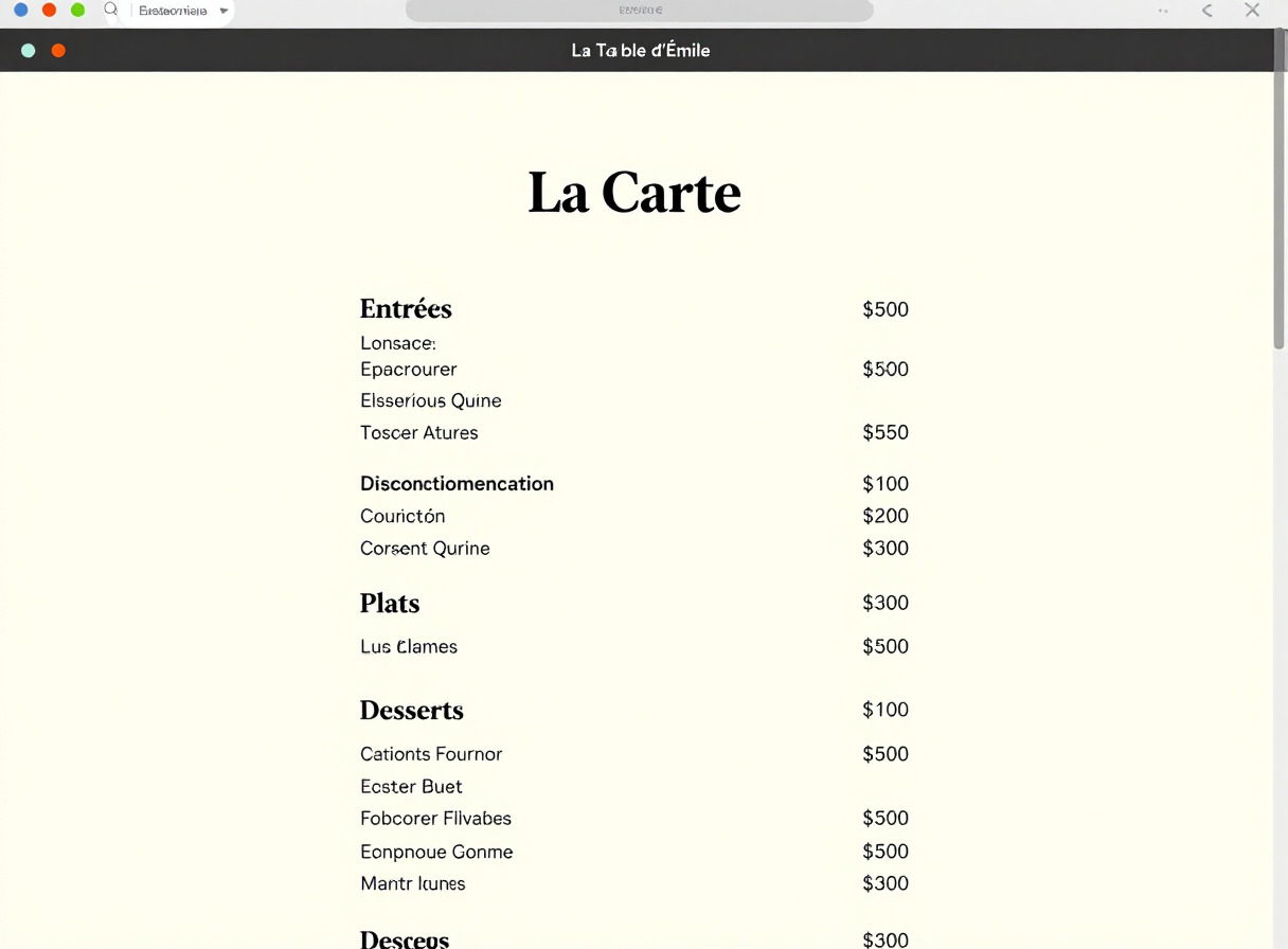 Page menu du site du restaurant sur ordinateur