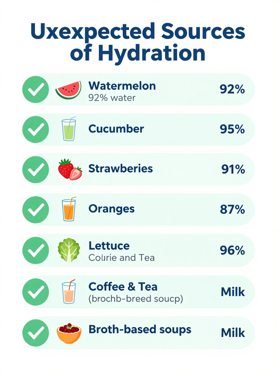 Visual checklist of unexpected sources of hydration including watermelon, cucumber, strawberries, oranges, lettuce, coffee and tea, broth-based soups, and milk with their water content percentages