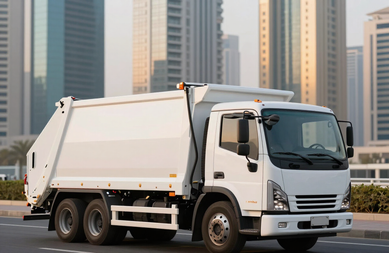 Clean Junk Hero truck parked in front of Dubai Marina towers