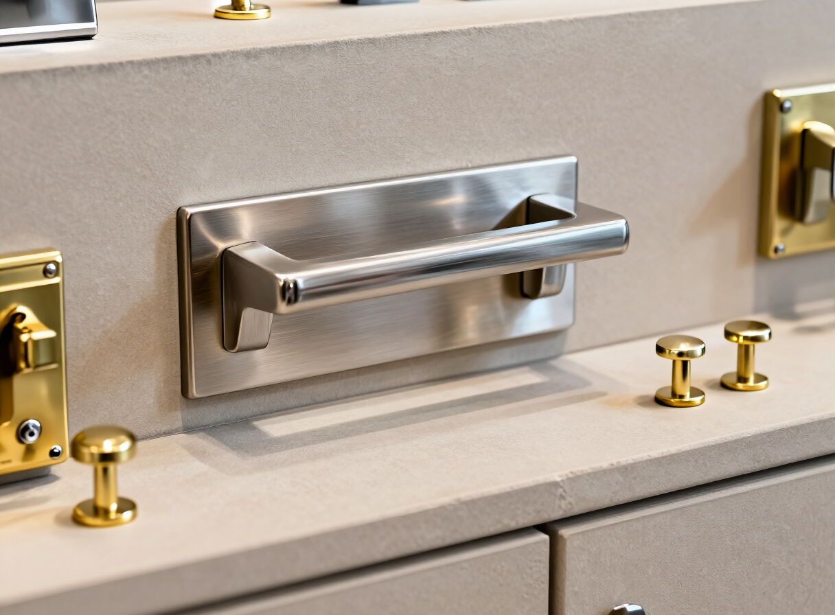 Representative architectural hardware arrangement with door handles, locks and hinges