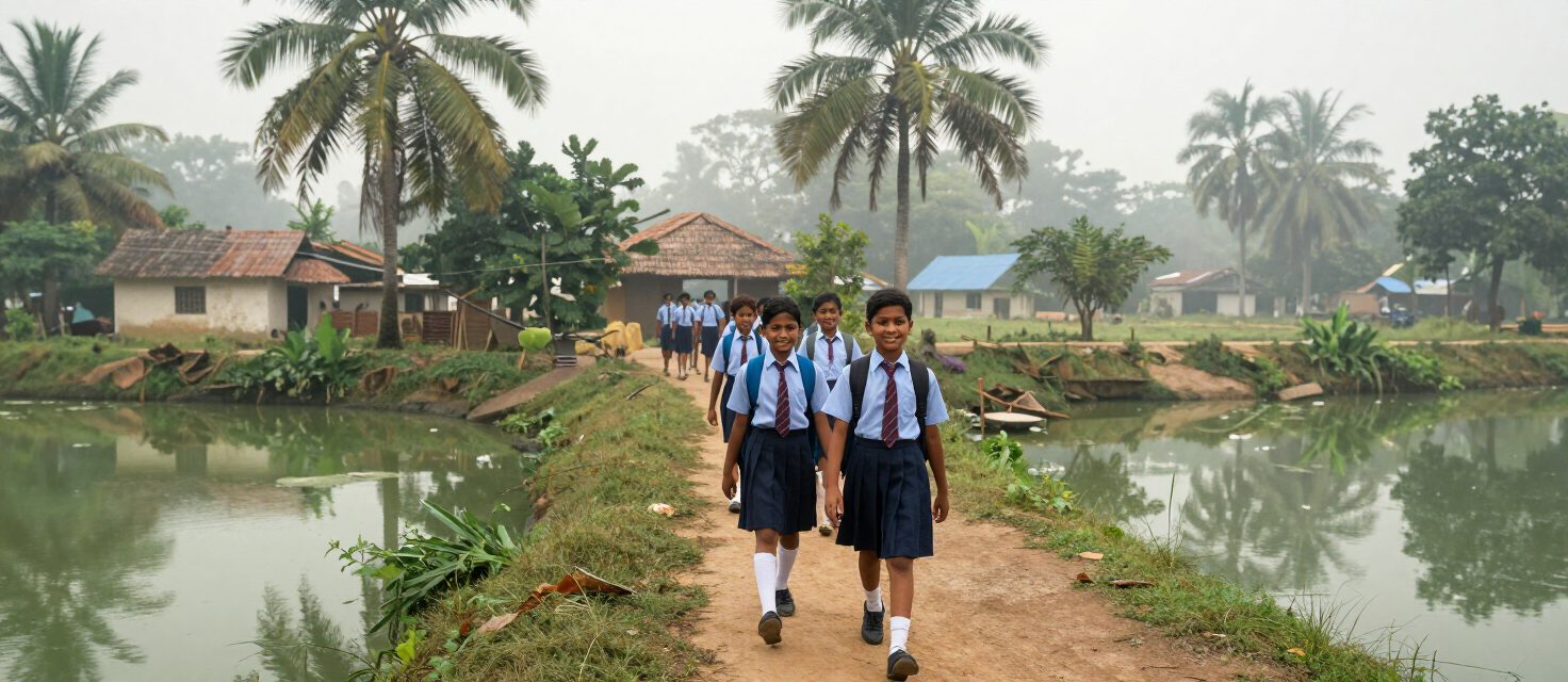 Schoolchildren walking along a village path in the Sundarbans