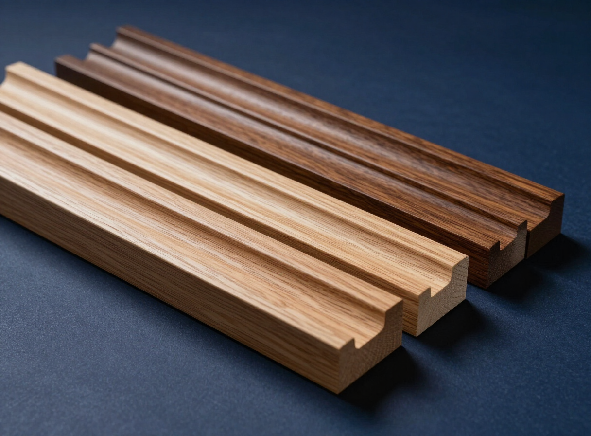 Selección de perfiles de molduras de madera de distintas formas y acabados
