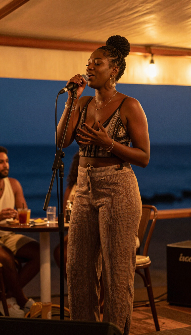 Soul singer performing on a warmly-lit Tenerife stage