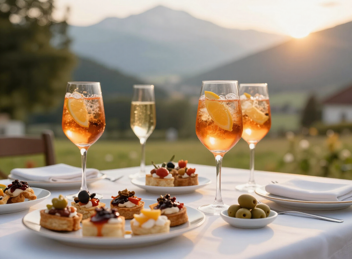 Aperitivo-Tisch mit Aperol Spritz, Prosecco und Cicchetti zur goldenen Stunde