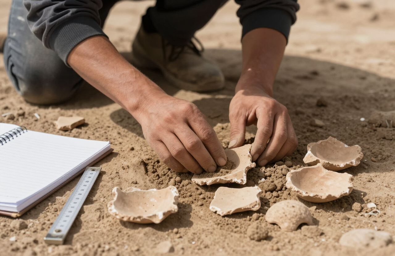 Hands brushing soil from pottery shards at an archaeological excavation site