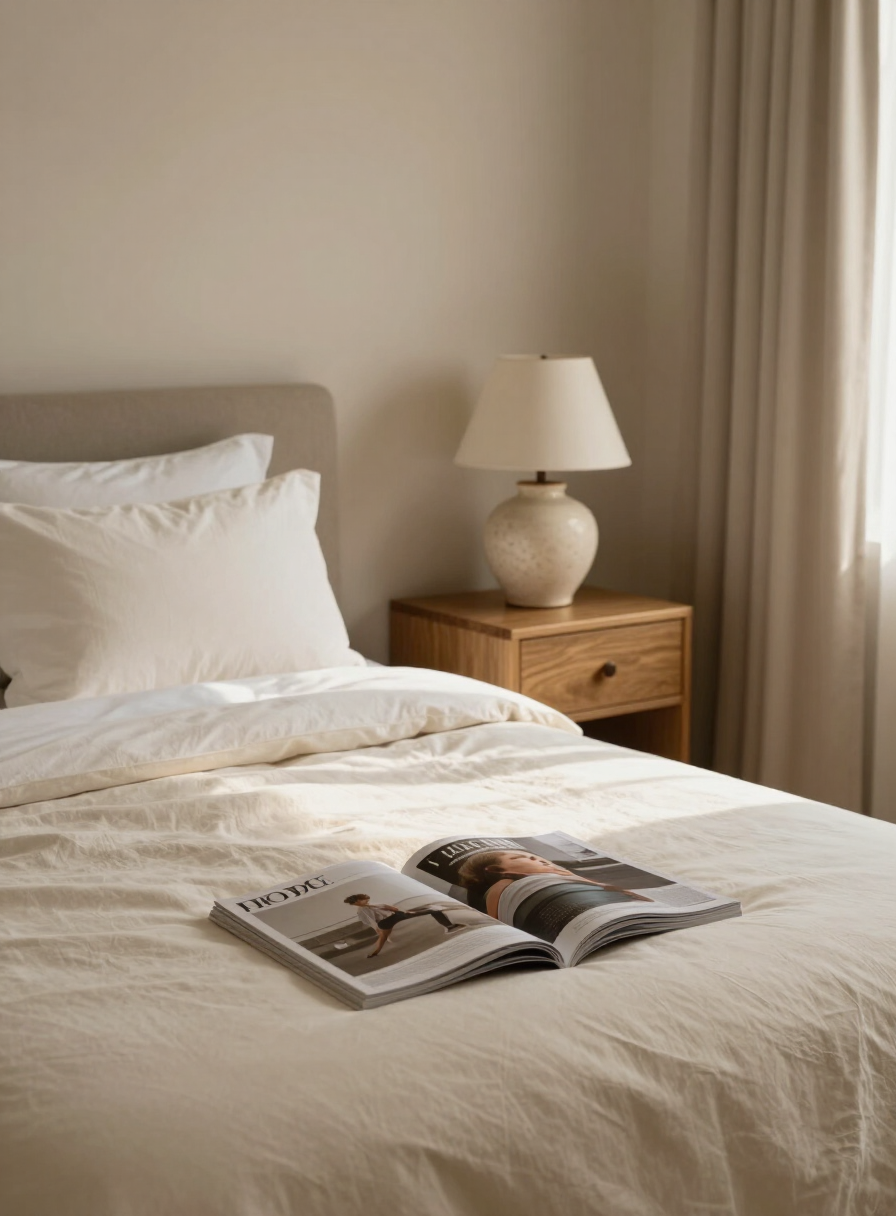 Serene bedroom with washed linen bedding in warm ivory and an oak nightstand