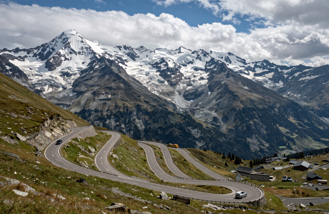 Serpentinen der Großglockner Hochalpenstraße vor schneebedecktem Gipfel