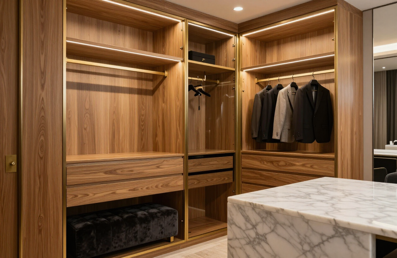 Oak & Brass Dressing Room — Custom Cabinetry by HS Kitchens Studio, Queens, NY