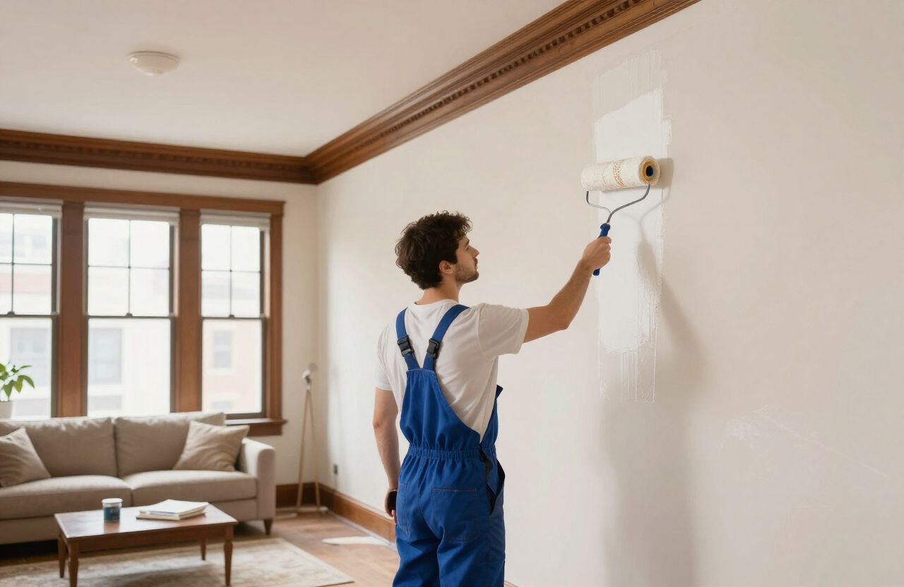 Illustrative painter rolling fresh premium paint onto a plaster wall in a bright Hoboken brownstone living room