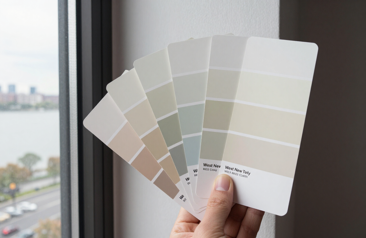 Paint color sample swatches tested on a West New York condo wall near a window with Hudson River light