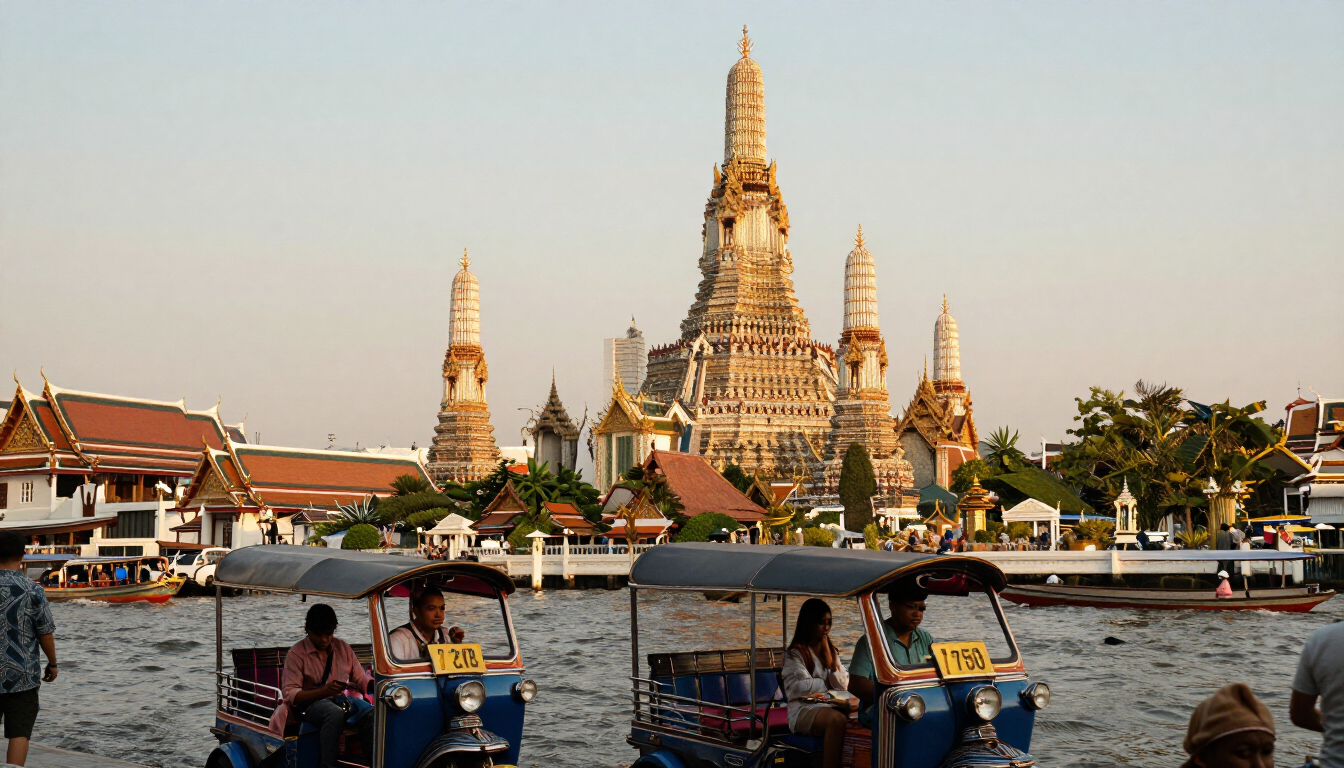 Travelers exploring a vibrant Bangkok temple complex with golden spires, colorful longtail boats, and bustling street life in Thailand