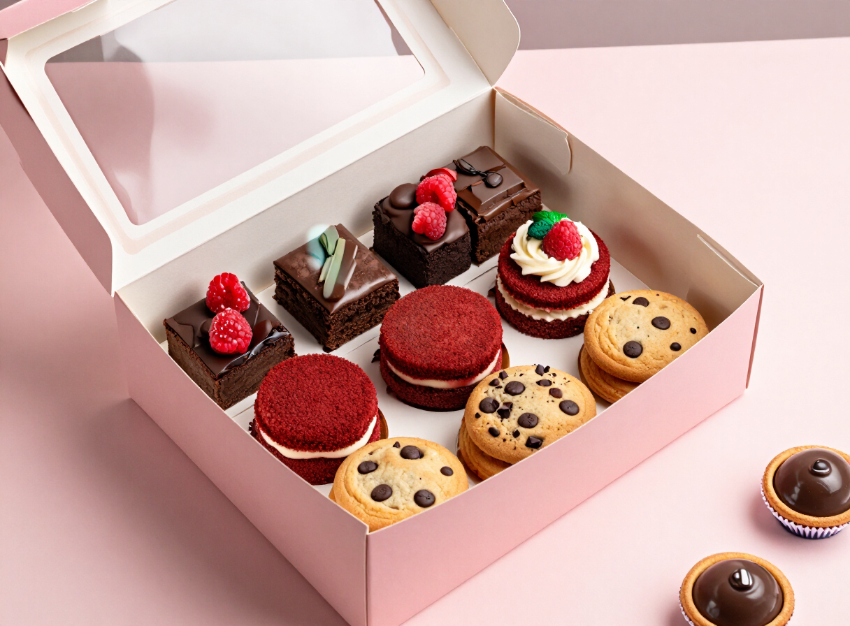 Caja rosa con una selección de mini postres para eventos