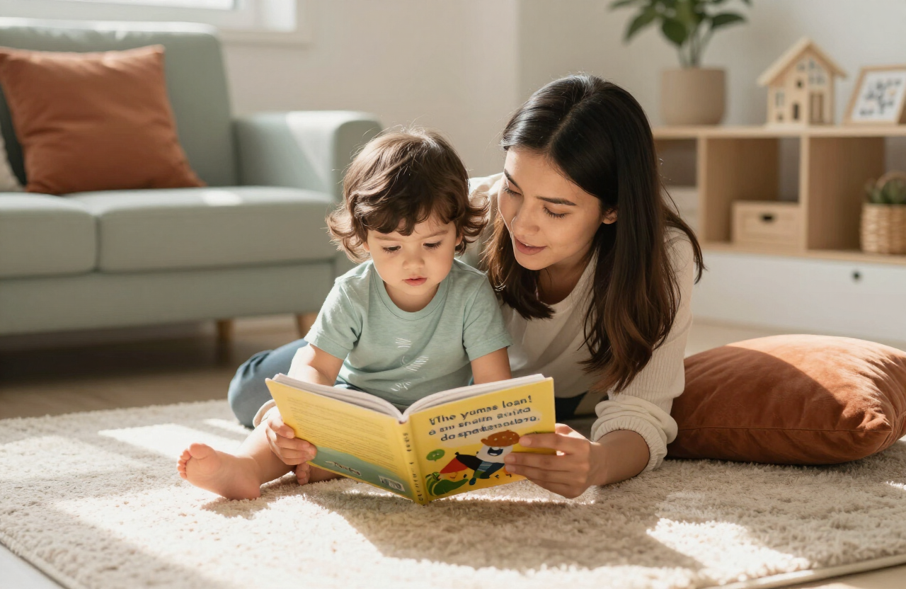 Teacher reading a Spanish picture book with a young child