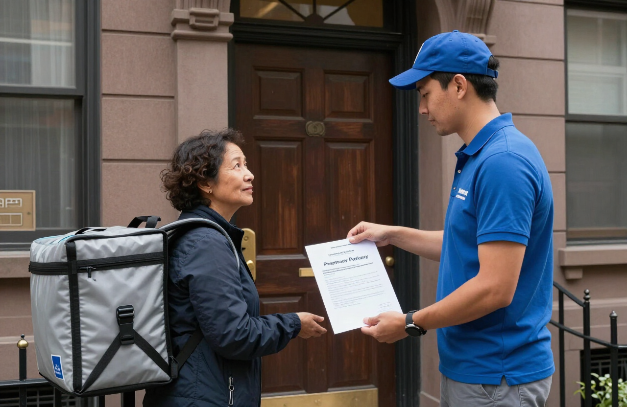 Pharmacy delivery bag being handed to a Bronx resident