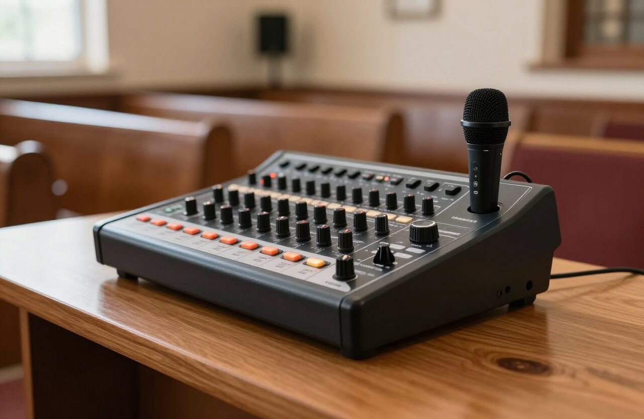 Compact digital audio mixer and microphone on a wooden pew in a church