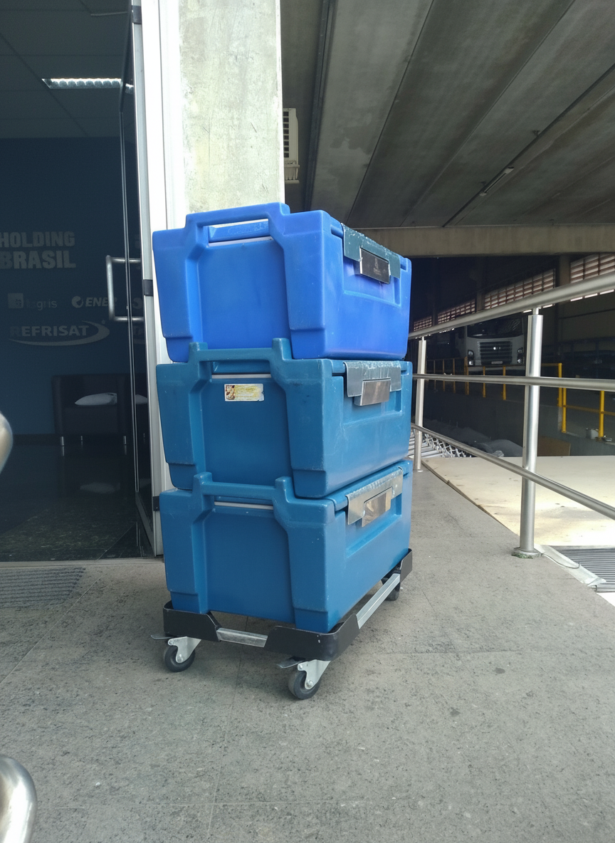 Caixas térmicas azuis empilhadas em carrinho para transporte de refeições
