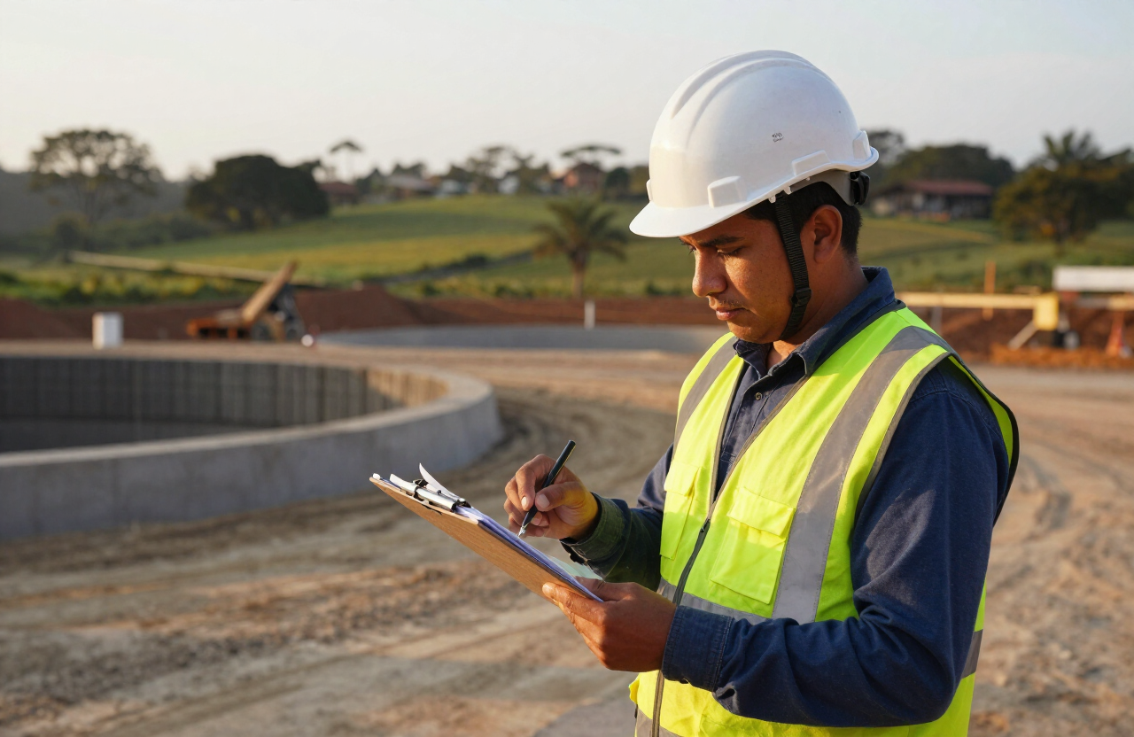 Trabajador con casco y chaleco revisando documentos en obra de personal en misión en los Llanos Orientales