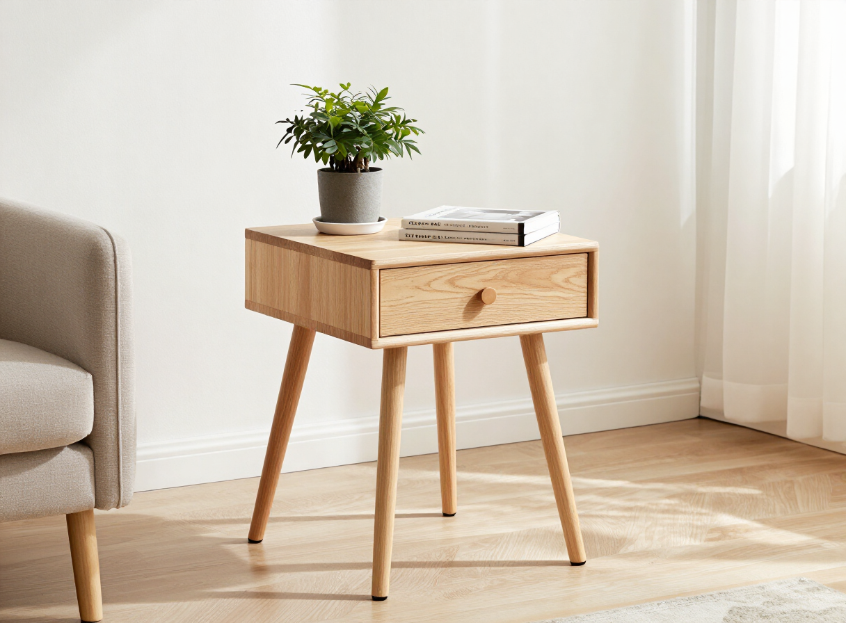 A handmade small wooden side table with tapered legs in a bright living room corner with a plant and book on top, simple modern furniture design