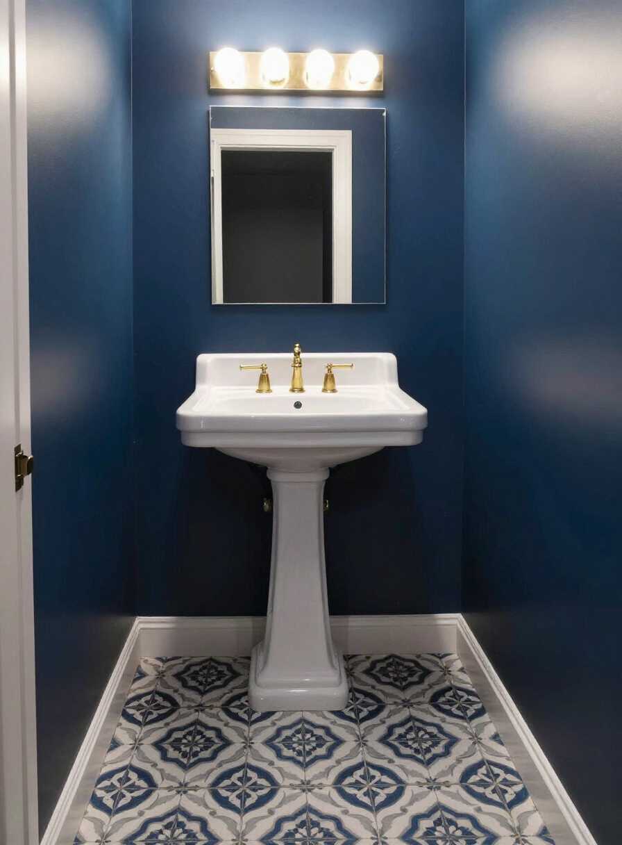 Powder room with patterned floor tile and brass fixtures
